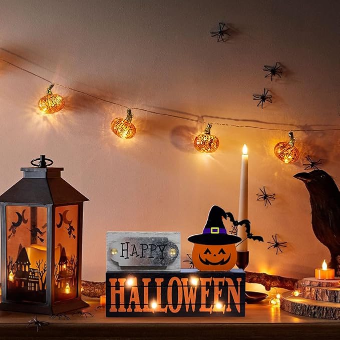 DECSPAS Halloween Decorations Indoor, Large Size 2-Layered Wood Block with LEDs and Pumpkin Face, Happy Halloween Sign Decorations for Home, Tabletop Gothic Decor for Party Shelf, Table, Mantel