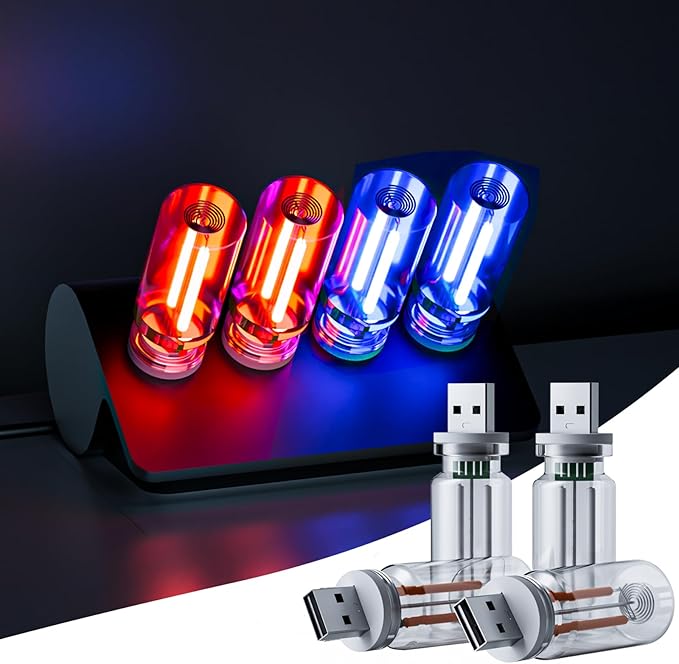 4 PCS USB Night Light Bulb, Portable Plug-in Retro Car Interior Ambient Lights, Mini Touch Dimmable Glass Bottle LED Bulb for Vehicle, Bedroom, Hallway, Camping, Holiday(2Red&2Blue)