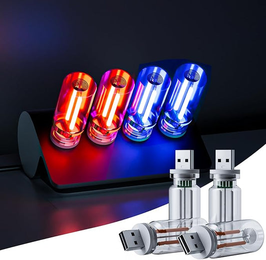 4 PCS USB Night Light Bulb, Portable Plug-in Retro Car Interior Ambient Lights, Mini Touch Dimmable Glass Bottle LED Bulb for Vehicle, Bedroom, Hallway, Camping, Holiday(2Red&2Blue)