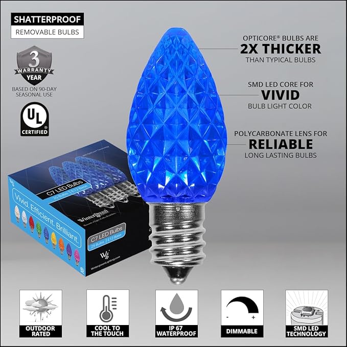 50 C7 OptiCore Blue Outdoor Christmas Lights - Commercial Heavy Duty Outdoor House Patio Lights on Green Wire (50 ft)