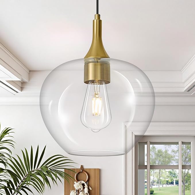 Glass Pendant Lights Kitchen Island, Brass Gold Pendant Lighting Fixtures, Modern Hanging Ceiling Light with 9.45'' Clear Glass Shade for Farmhouse Dining Room Bedroom Hallway(1 Pack)