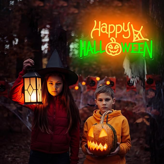 Happy Halloween Neon Sign, LED Halloween Light Up Decor Web Pumpkin Neon Signs for Wall Bedroom Home Bar Halloween Party Decor Halloween Present for Trick or Treat Party Backdrop