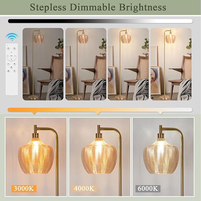 Gold Floor Lamp for Living Room, Modern Stained Glass Standing Lamp with Remote, Dimmable Amber Lampshade Tall Floor Lamps, Mid Century Vintage Floor Light for Bedroom Study Room Office (Amber)