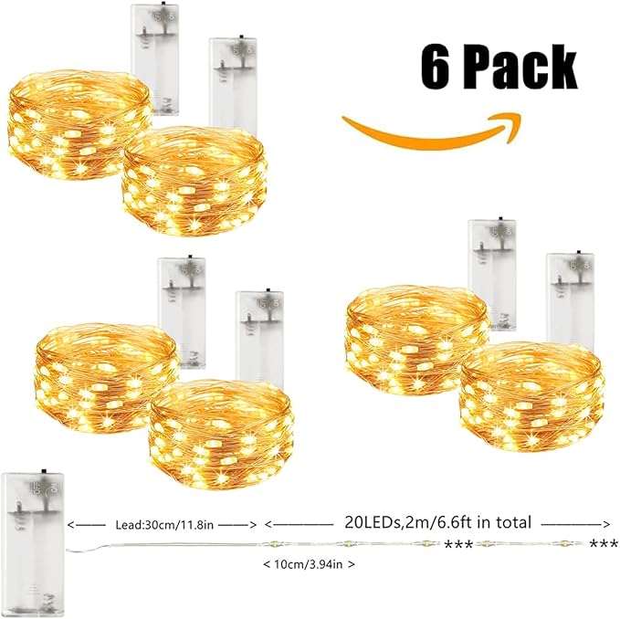 Fairy Lights Battery Operated Firefly Twinkle String Lights Mini 6Pack Cooper Wire 6.6ft 20L Indoor Waterproof for Bedroom Christmas Easter Halloween Parties Wedding (Warm White)