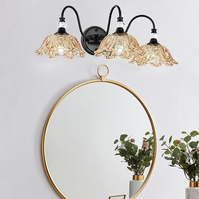 Black Bathroom Vanity Light,3-Light Vanity Light with Floral Amber Glass Shades,Vintage Farmhouse Wall Mount Lighting for Bathroom, Dressing Table