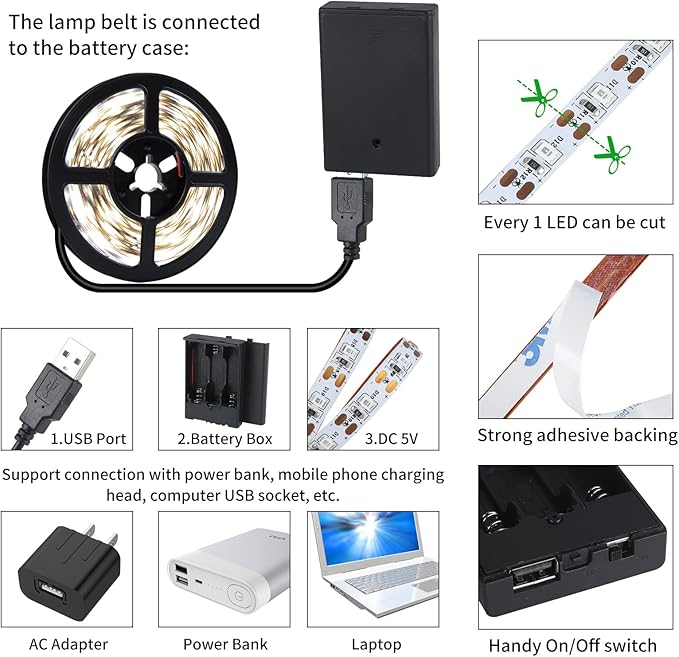 49.2ft USB LED Light Strip White with Battery Box (Batteries Not Included), Daylight LED White Strip Lights Cuttable LEDs for Bedroom, Mirror, Party, Camping, Birthday, Christmas, 8.2ft x 6