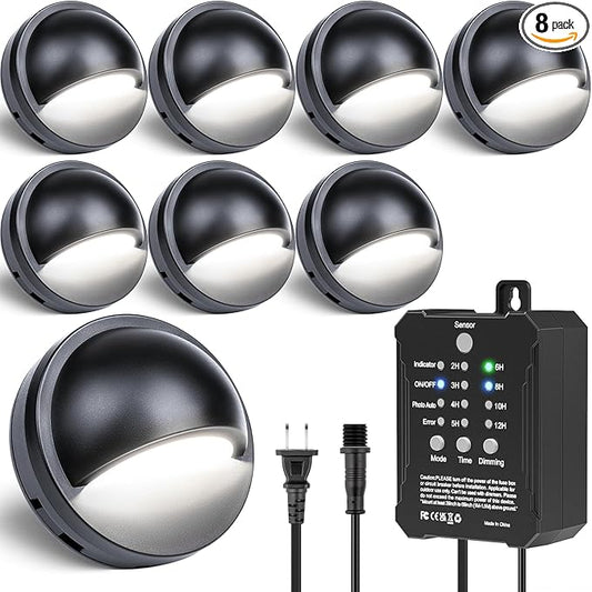 HIBOITEC Low Voltage Deck Lights Kit with Transformer Photocell Sensor and Timer IP67 Waterproof Fence Lights UL Listed Wire for Outdoor Garden Patio Landscape Lighting Walkway Steps 4000K 8Packs