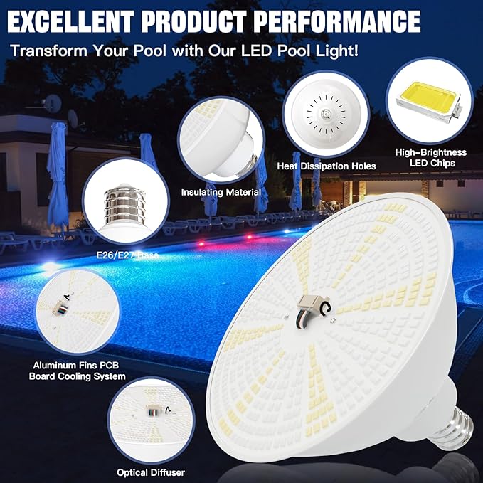 JTT Pool Lights for Inground Pool-LED Pool Light Bulb for Above Ground Swimming Pool-35W(600W Eq.) 6500K 120V Spa Light Bulb E26 Base, Multi-Color & Adjustable with Remote Control - 1Pack