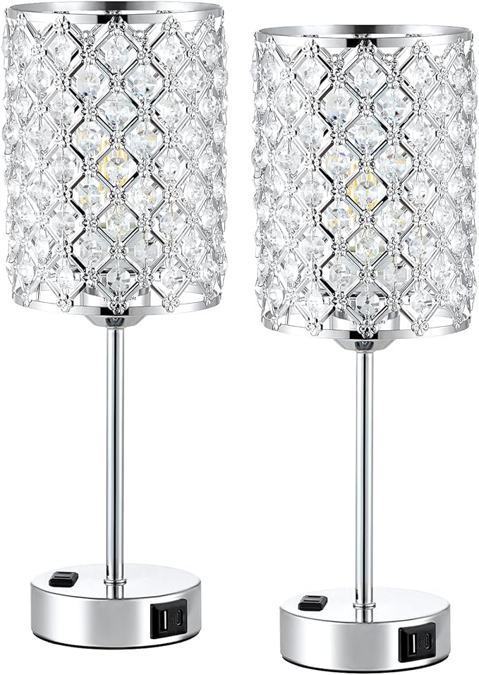 Table Lamps for Bedroom Set of 2-Crystal Table Lamp with USB C+A Ports & AC Outlet Sliver Nightstand Touch Lamp with 3-Way Dimmable Bedside Side Desk Lamp for Living/Bedroom (LED Bulb Included)