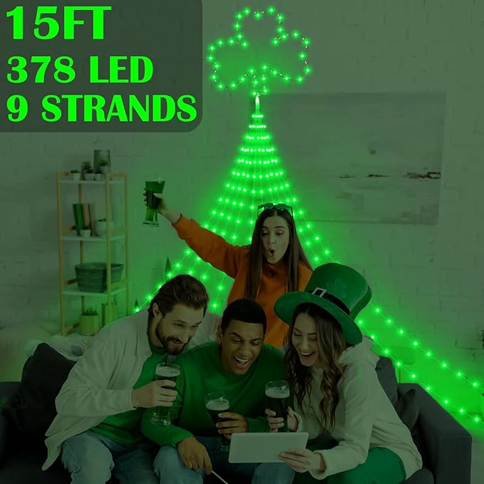 Baquler 15 ft St. Patrick's Day Decor Lights 438 LED 8 Modes Plug in Curtain Shamrock Lights String for Home Bedroom Indoor Outdoor Party Saint Patrick's Day Decor