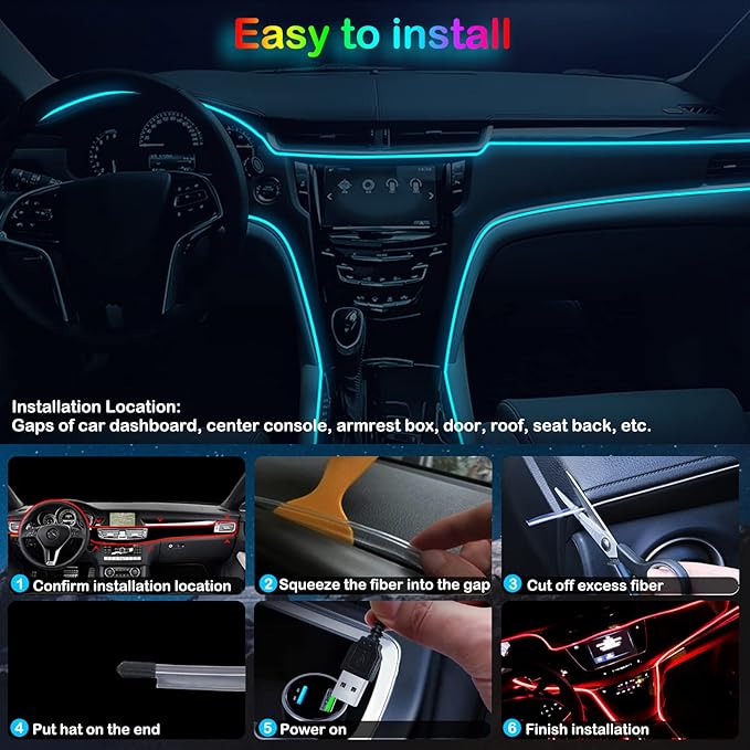 Interior Car LED Strip Lights, RGB USB Car Ambient Lighting with Fiber Optic, EL Wire Car Accessories