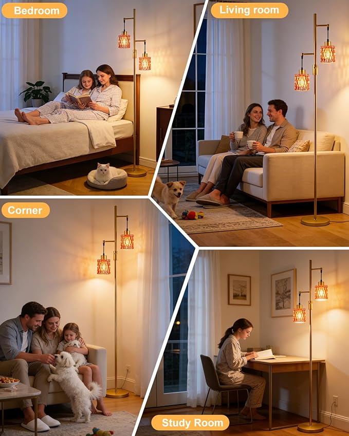 2-Light Gold Floor Lamp, 65IN Tall Standing Lamps Dimmable with Rose Red Glass Lampshade, 3000K Warmwhite Mid Century Modern Floor Lamp for Living Room/Bedroom