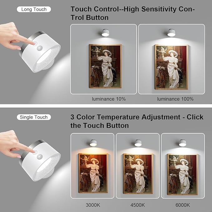 Moobibear Motion Sensor Wall Light Indoor 2Pcs, 3500mAh Rechargeable Battery Operated LED Wall Light, Wall Lamp Wireless with 360 ° Rotation, 3 Color Temperatures for Bedroom, Study, Corridor, Picture