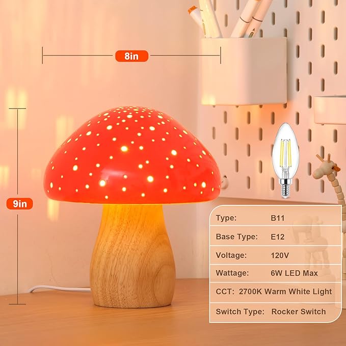 BOHON Mushroom Lamp, Ceramic Bedside Table Lamp for Bedroom Nightstand, Retro Vintage Red Night Light, Small Lamp for Living Room Desk Home Decor Aesthetic, LED Bulb Included, Red