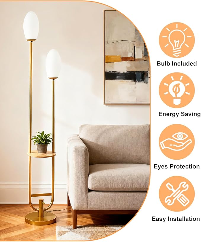 Lightdot Gold Dimmable Floor Lamp with Oval Shades, Unique U-Shaped Tall Standing Lamps with Table& Bulbs Included, Mid Century Modern Floor Lamp for Living Room/Wedding/Party/Sofa Beside/Corner Decor