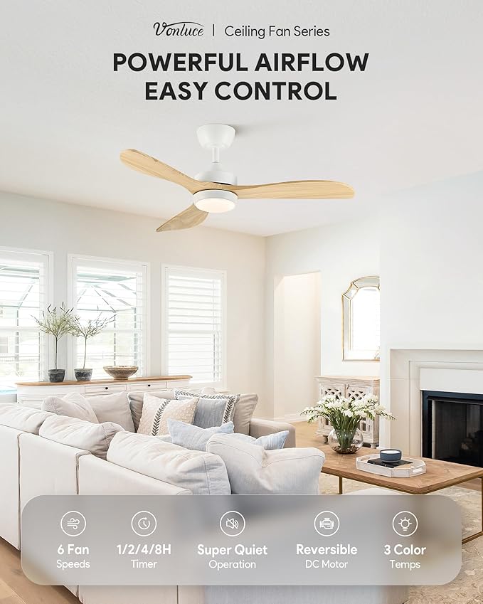 VONLUCE Ceiling Fans with Lights, 42 Inch Ceiling Fan and Remote, 6-Speeds Noiseless Reversible DC Motor, 3CCT, Wood Ceiling Fan for Outdoor Indoor Farmhouse Patios, White
