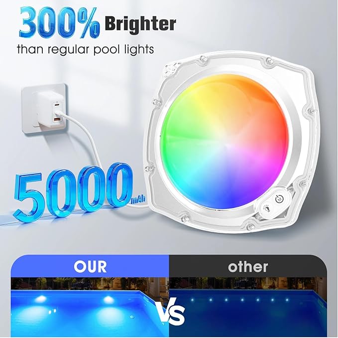 Rechargeable Submersible Pool Lights with Remote, 5000mAh Underwater Led Pool Light for Above Ground Pool Lights Waterproof, 9 Modes Color Changing Magnetic Swimming Inground Pool Lights-1PC