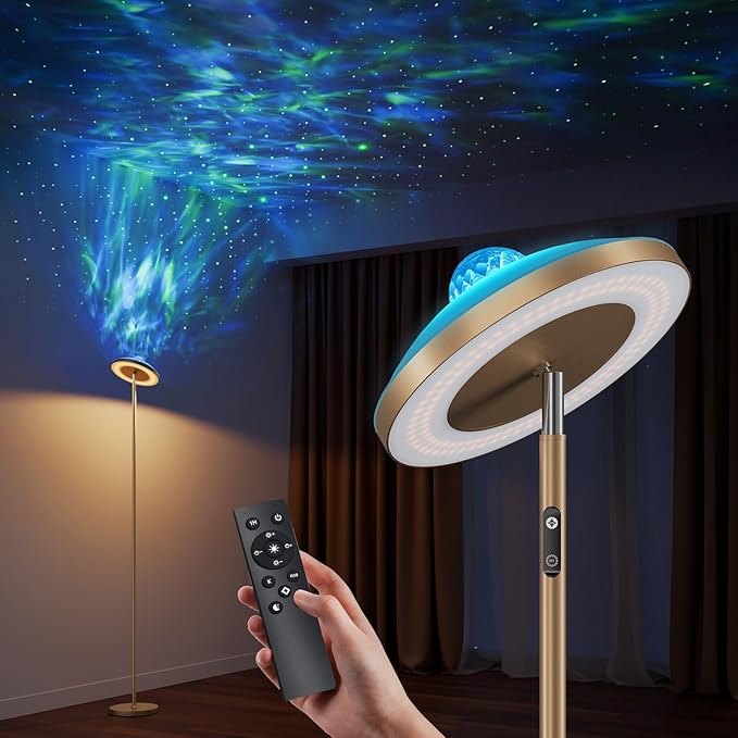 DUSKTEC Floor Lamp with RGB Star Projector, 15W 1400LM Dimmable 4 Color Temperatures LED Standing Lamp with Remote, Modern Tall Black Corner Lamp for Living Room, Bedroom, Office (Gold)