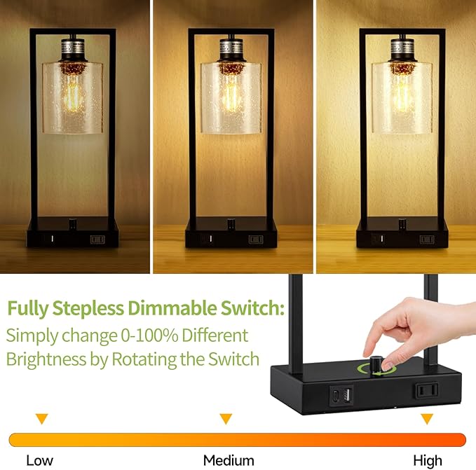 16" Set of 2 Industrial Table Lamps with USB A+C Charging Ports and AC Outlet, Fully Stepless Dimmable Bedside Lamps with Seeded Glass Shade for Bedroom Living Room Office, LED Bulbs Included