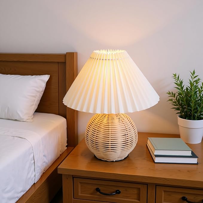 Hyuduo Pleated Table Lamp, Soft Yellow Light with Linen Lampshade and Rattan Base Bedside Lamp for Bedroom Nightstand, 10 Inch Shade 15 Inch Height Warm Glow Accent Light, Ideal for (Beige)