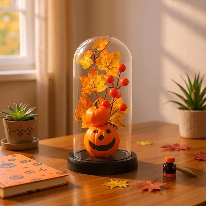 Halloween Decor -Jack-o'-Lantern- Decorations Indoor - Adorably Spooky Light-Up Pumpkin in Glass Cloche, Glowing Smiling Face Night Light for Home, Mantel & Party Halloween Displays
