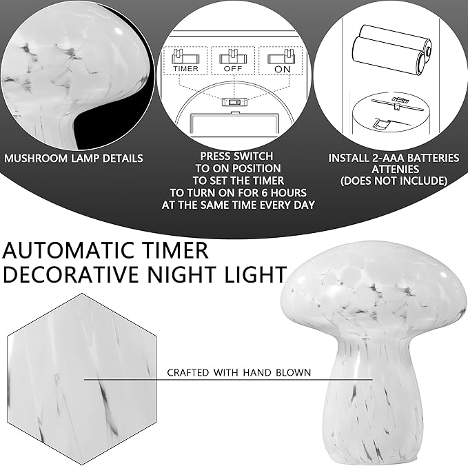 Mushroom Lamp Bedside Table Lamp, 7.0 inches, Semi Transparent Glass Table Lamp Suitable for Bedrooms, Living Rooms, Dining Rooms, Modern Style Aesthetic Cute Home Decoration (White)