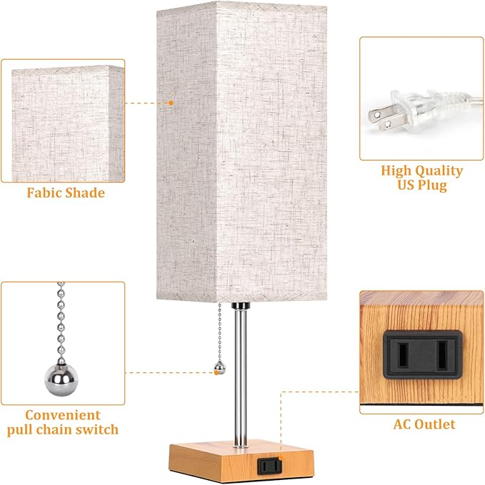 Table Lamp for Bedroom set of 2,3-Color Bedside Lamps with Pull Chain Table Lamps for Nightstand with AC Outlets,18'' Night Light Lamps with 2 Bulbs Lamps for Living Room Kids Room Office Decor（Wood）
