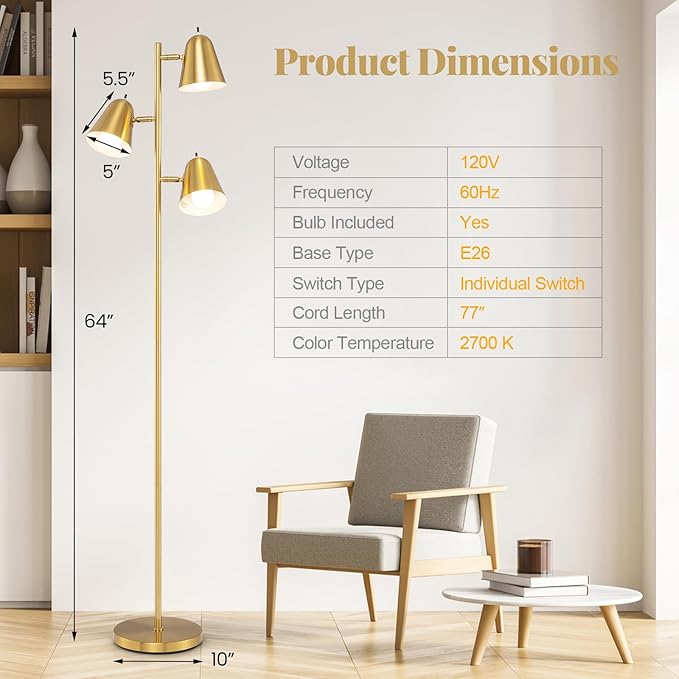 Tangkula 3-Light Floor Lamp, 64" Mid Century Modern 3 Light Tree, Standing Tall Pole Lamp with 3 A19 LED Bulbs and Adjustable Heads, 3 E26 Base, Reading Light for Living Room & Bedroom (Golden)