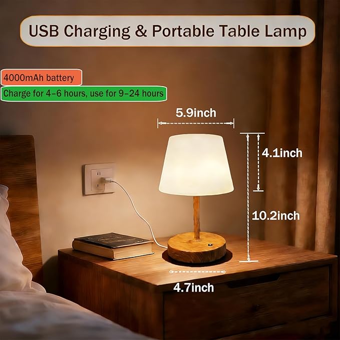 Cordless Table Lamp with 4000mah Battery Powered, Rechargeable Table Lamp for Indoor/Outdoor, 3-Color Dimmable Desk Lamp for Bathroom, Kitchen, Bedroom, Outdoor lamp for Patio, Camping