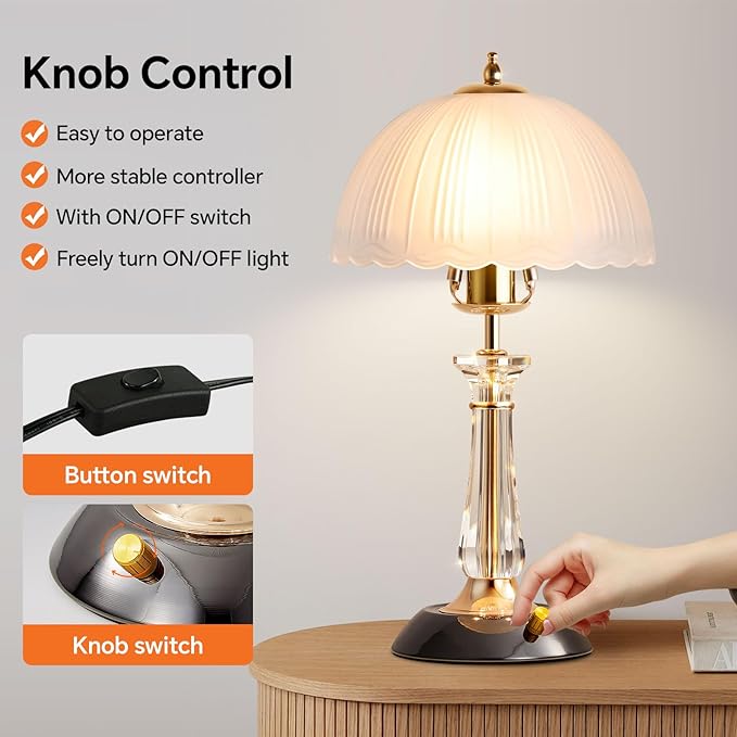 Crystal Table Lamp,Dimmable Bedside Lamp with ON/Off Switch Modern Glass Lamps for Night Stands Bedroom Living Room Decor (1PACK)