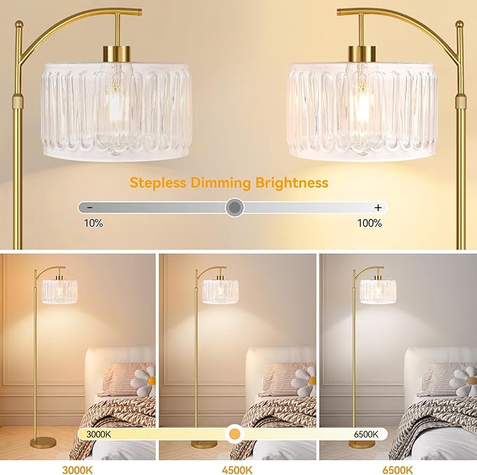 Glass Floor Lamp for Living Room,Bedroom,Gold Dimmable Standing Lamp with Remote,Brass White Tall Lamp Boho Mid Century Modern Floor Lamps Arc Floor Light Lamp Bohemian