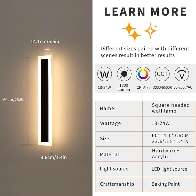 Mikeru 2Pack 23.6inch Modern Outdoor Exterior Wall Light, 3000k/4500k/6000k 3 Colors Switchable Large Outdoor Fixture Wall Mount, Ip65 Waterproof Modern Long Porch Light, Hardwired (Width: 5.5inch)