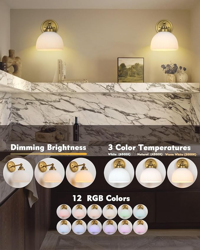 HEQIQEH Vintage Rechargeable Battery Operated Sconce Ribbed White Glass Shade Wall Lighting with Remote Control Dimmable Wall Mounted Lamp Fixture for Bedroom Vanity Bathroom Living Room