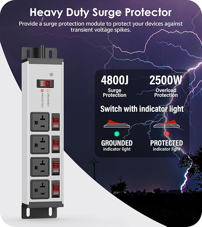 CCCEI Heavy Duty Surge Protector Power Strip 20 Amp Individual Switches. 25FT 12 Gauge Extension Cord with Multiple Outlets. Kitchen, Garage, Shop, Industrial Wall Mount Electric Extender, Grey.