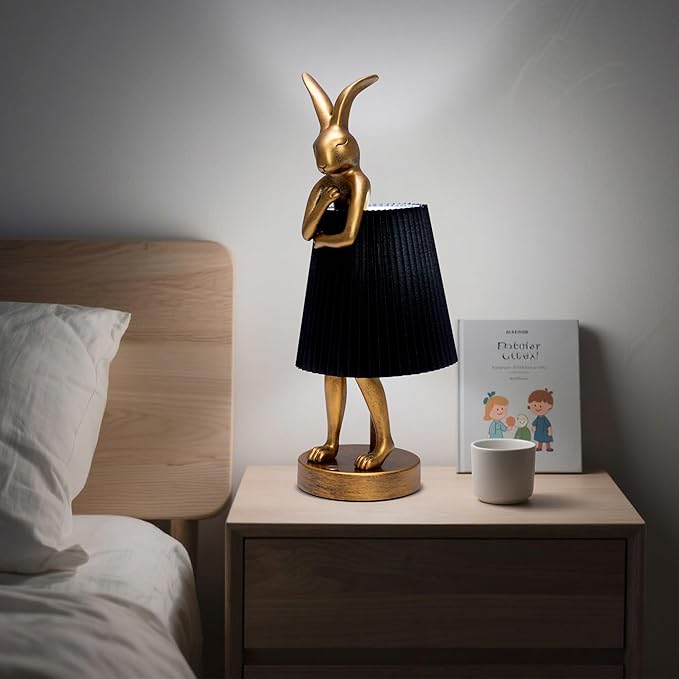 Bunny Rabbit Cordless Table Lamp – 5000mAh Rechargeable Battery Powered LED Night Light Cute Vintage Animal Desk Bedside Lamp with Linen Shade for Kids Room Nursery Home Decor Gift (Black)