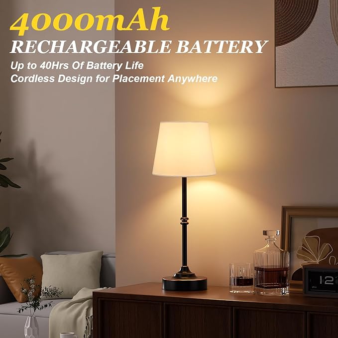Kakanuo Rechargeable Cordless Table Lamp Bronze - 1 Pack 4000mAh Battery Operated Lamp, Touch Control Stepless Dimming, for Home Decor, Dining Table, Living Room, Bedroom
