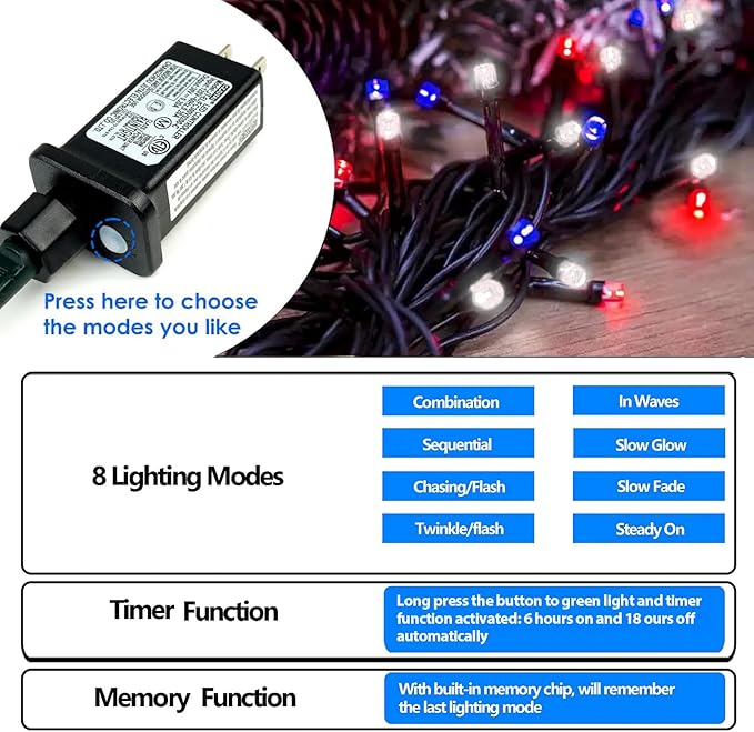 200 LED Red White and Blue Christmas String Lights Outdoor Indoor, 75.8 FT 4th of July Patriotic Lights, Extendable Green Wire Waterproof Mini light for Independence Day Memorial Day Party Decorations