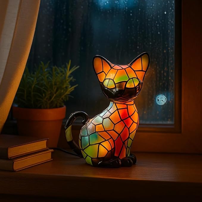 Cat Lamp, Stained Glass Cat Lamp, Decorative Resin LED Night Light for Cat Lovers, USB Vintage 3D Table Lamp Cozy Glow for Desk & Mantel – Fun Gift for Pet Owners (Little Kitten)