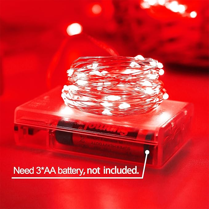 YAOZHOU Christmas Decorations Red Fairy String Lights, Battery Operated with Timer, 2 Pack Total 33FT 100 Led Mini Battery Powered Mason Jar Waterproof Firefly Lights DIY Party Halloween