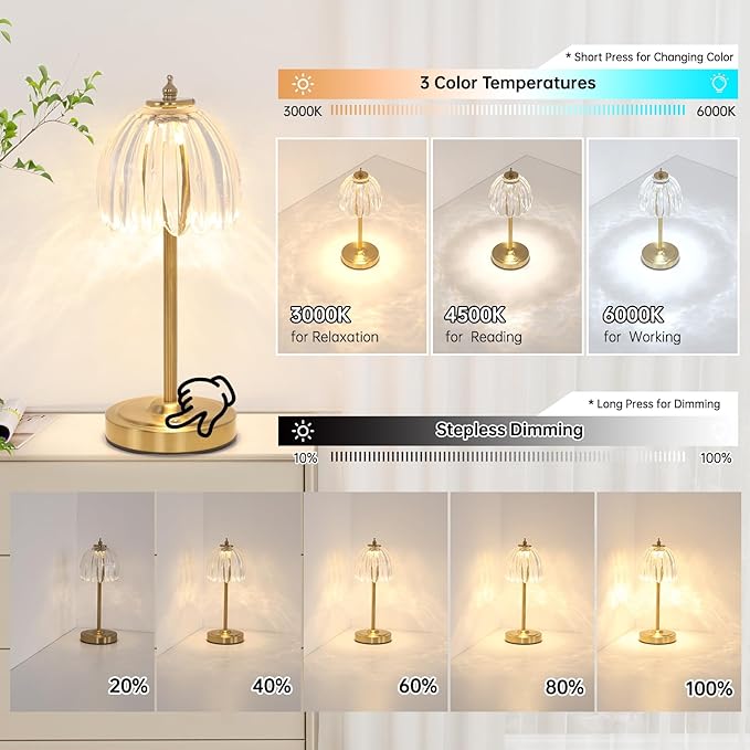 Set of 2 Tulip Table Lamp with 5000mAh Battery & Touch Control, Cordless Table Lamp with 3 Colors, Dimmable Rechargeable Table Lamps for Bedroom, Living Room, Entryways (Transparent Tulip)