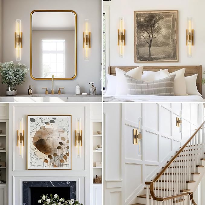 YUYI Wall Sconce, 22.8'' Brass Sconce Wall Lighting, Gold Bathroom Wall Light Fixture with Clear Glass Shade, Indoor Wall Sconce for Bathroom Vanity, Living Room, Bedroom, Hallway, Fireplace