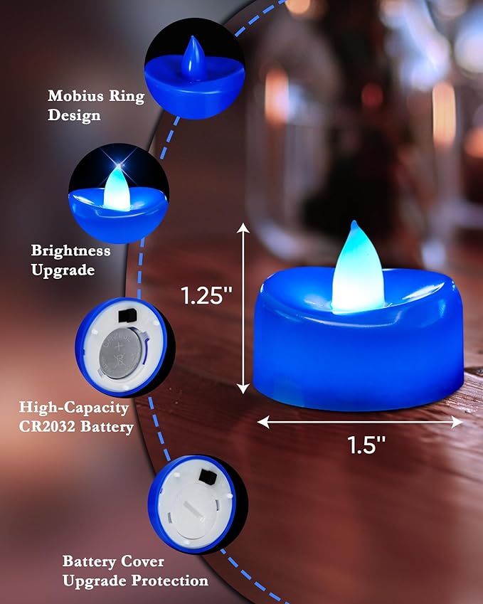 Flameless Candles, 12 Pack Tea Lights Candle Battery Operated, LED Tealight Votives, Realistic Tea Lights for Halloween Christmas Party Decor -D 1.5” x H 1.25” -Blue Light