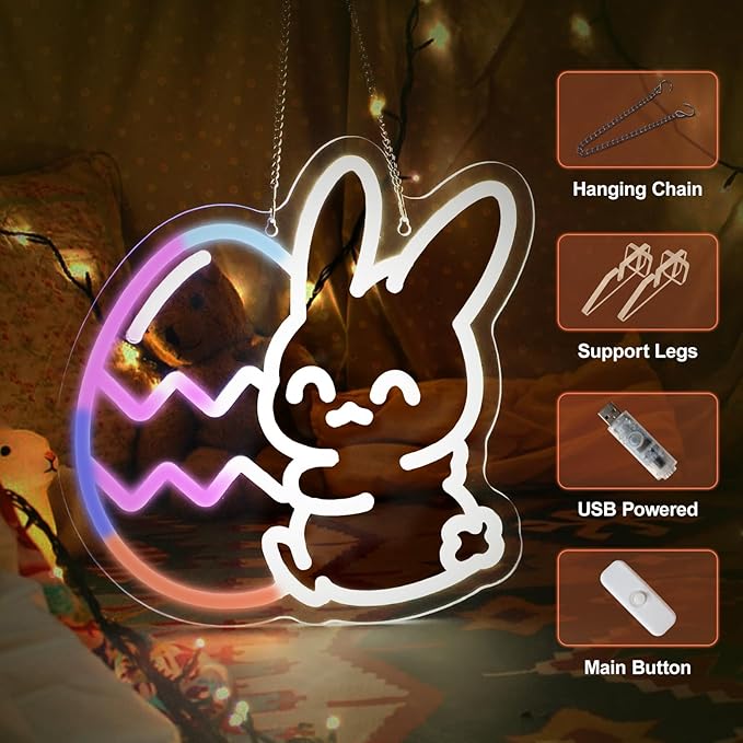Easter Neon Lights, Bunny and Egg lights, Multicolor Lights with Dynamic Effect Neon Sign, Remote Control Sign USB Powered, Home Decorations Indoor for Party Wall Window Table Easter Decor