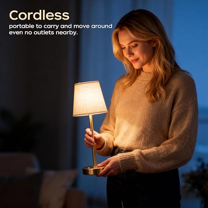 Cordless Table Lamp Rechargeable, LED Table Lamps with Touch Control, Stepless Dimmable Bedside Lamp, 6000mAh Battery Operated USB-C Lamp for Bedroom, Dining, Patio, Small Fabric Lamp Gold 2PCS