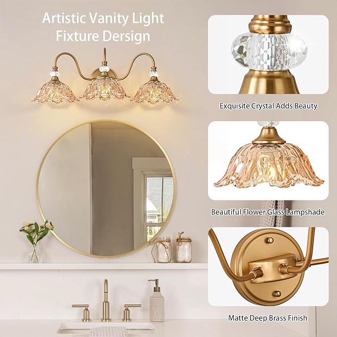 Vintage Bathroom Vanity Light, 3-Light Matte Deep Brass Finish Vanity Light with Flower-Shaped Amber Glass Shades, Retro Wall Sconce for Bathroom