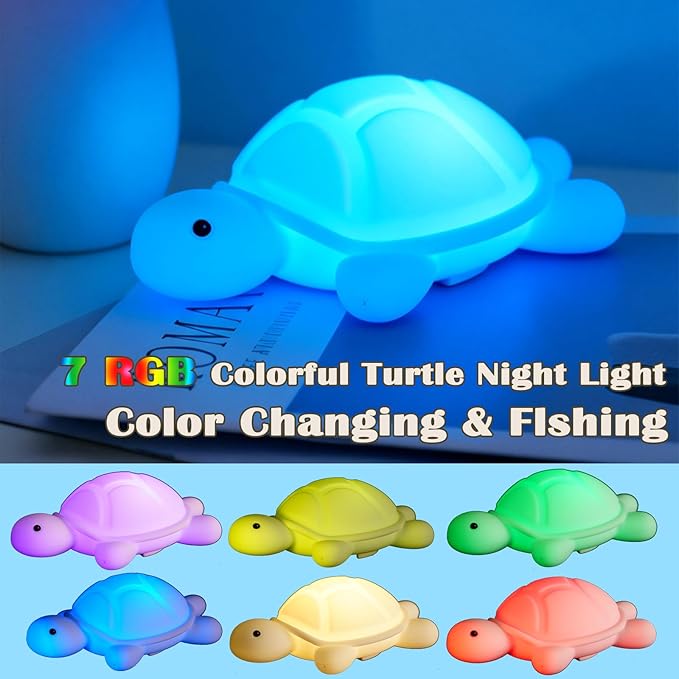 Turtle Night Light, Sea Turtle Gifts, Cute Soft Silicone Squishy LED Lamp with 7 RGB Colors , Dimmable, Timer, Touch Control, Kids' Bedroom Decor, Gift for Children, Breastfeeding Nursery Birthdays