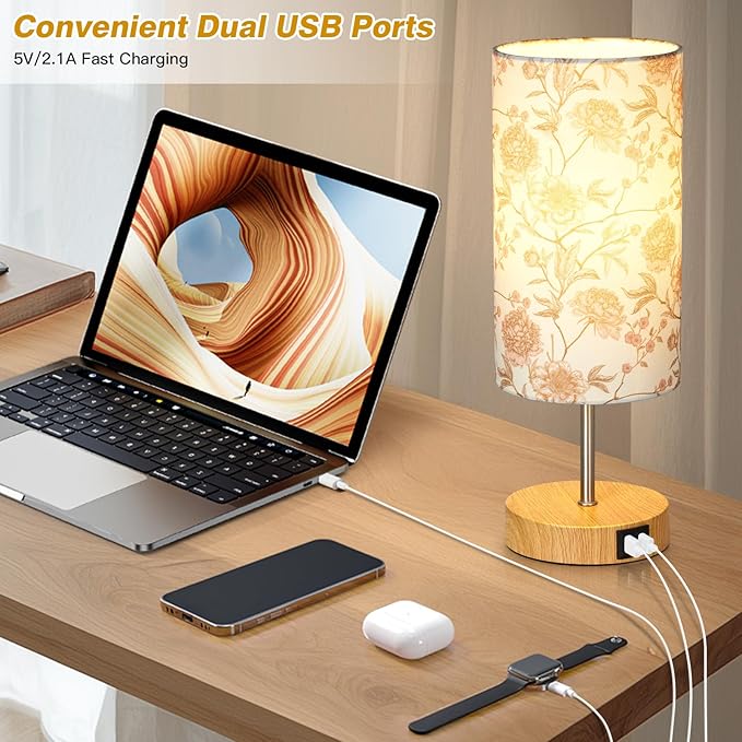 Bedside Touch Lamp with Flower Fabric Shade, 3 Way Dimmable Wood Bedroom Lamp for Nightstand with 2 USB Charging Ports, Small Table Lamp for Living Room Reading Desk (LED Bulb Included)