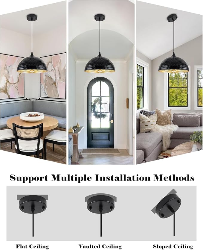 Hammered Pendant Lights Kitchen Island 2 Pack, 12 Inch Black Dome Pendant Light, Industrial Hammered Pendant Light, Island Pendant Lights for Kitchen, Dining Room, Cafe