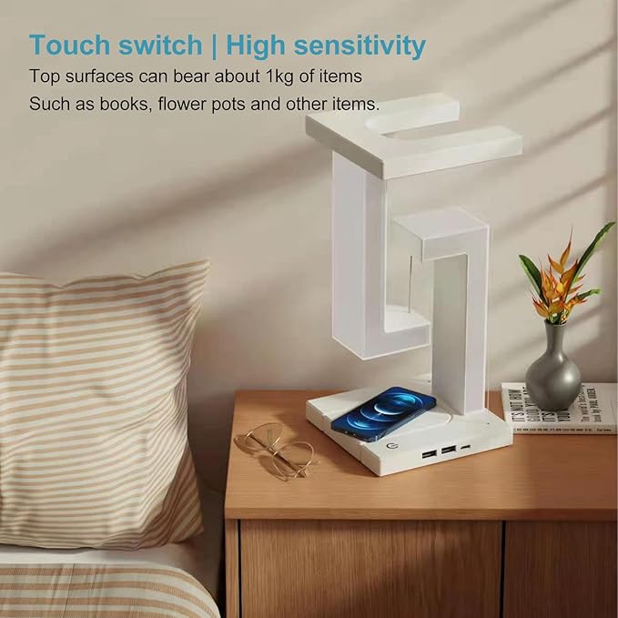 Heayzoki Magnetic Levitating Night Light with Phone Charging Pad, LED Table Lamp with 3 Gears Touching Adjustable for Office Home