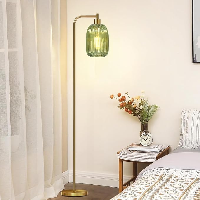 Floor Lamp for Living Room,Bedroom,Gold Dimmable Standing Lamp with Remote,Mid Century Modern Brass Tall Lamp Retro Vintage Green Glass Lamp Floor Light Boho Bohemian